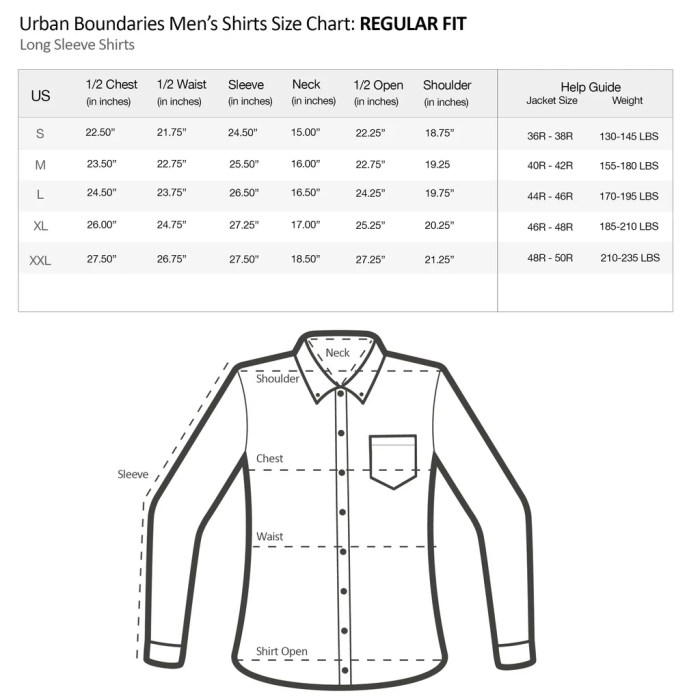 Size chart for men's dress shirts