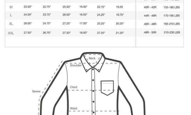 Mens fitted dress shirt size chart