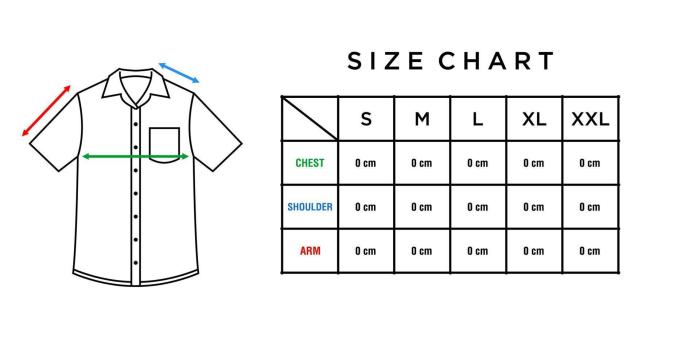 Size chart for men's dress shirts